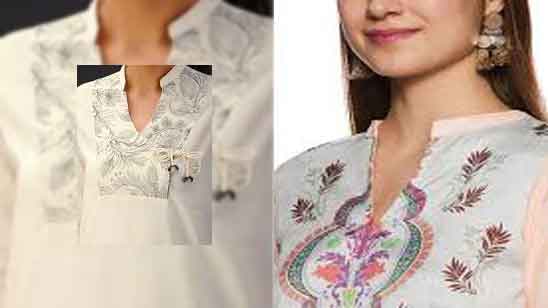 stand collar kurta with round hem - rose vale & iris bouquet - maati crafts