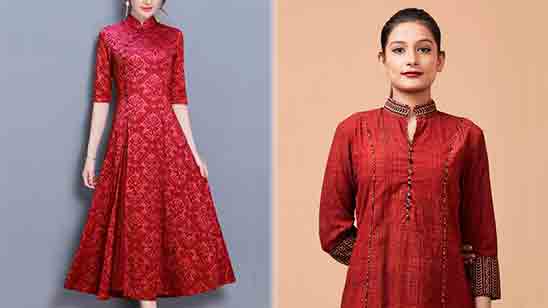 Buy Sanghaneri Hand block printed Geometrical pistachio stand collar kurti