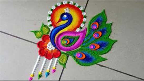 Creative Peacock Rangoli with Flowers