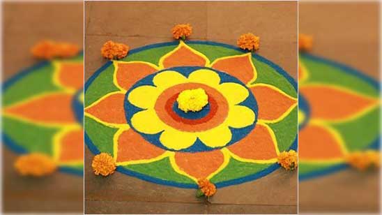 Easy Rangoli with Flowers and Leaves