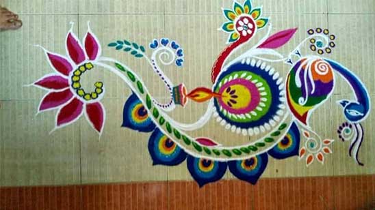 Peacock Rangoli Designs with Flowers