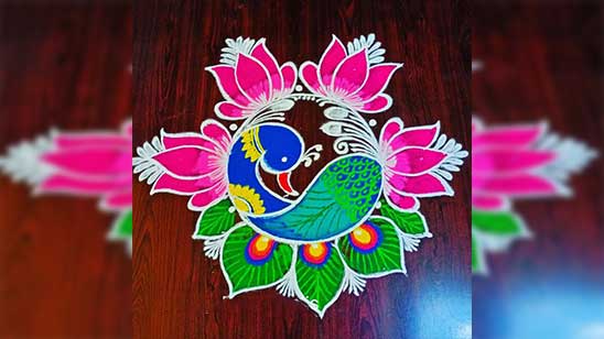 Peacock Rangoli with Flowers