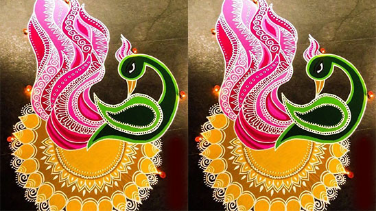 Diwali Peacock Rangoli Designs With Colours