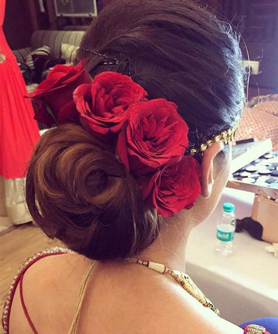 Messy Bun Hairstyle for Saree with Flowers