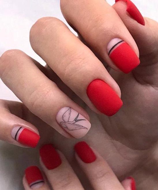 Bright Red Nails With a Gold Designs Short Acrylic
