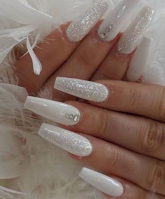 COFFIN NAILS LONG WHITE WITH DESIGN