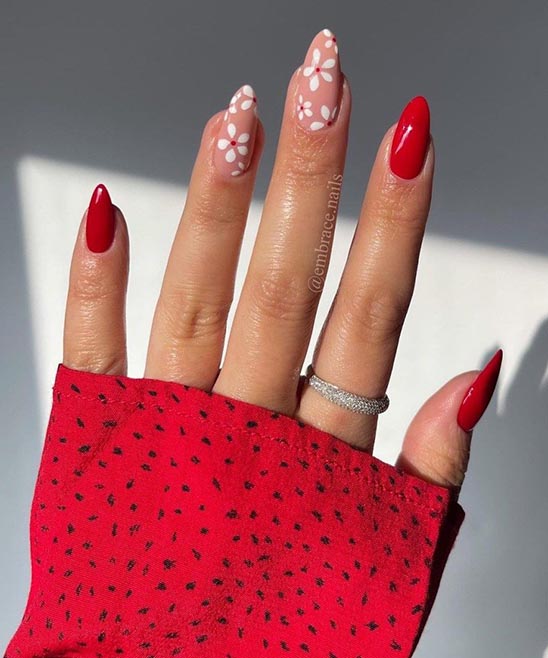 Nails With Red Acrylic Flower Design