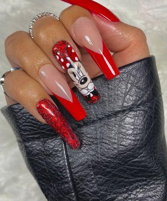 Red Nails With Design Coffin