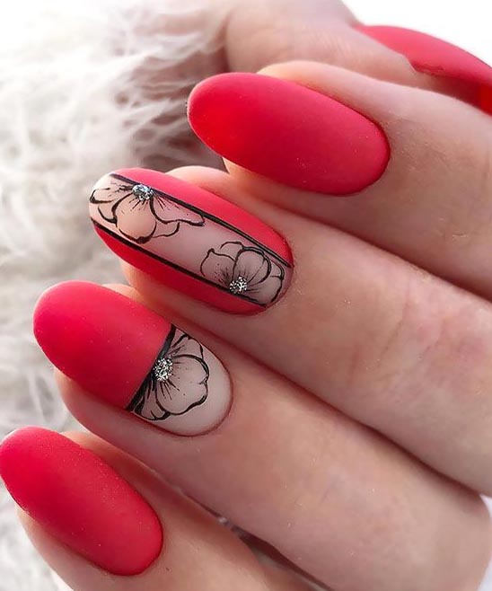 White Nails With Red Design