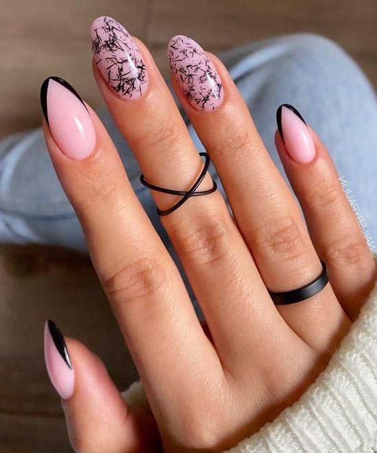 Black French Tip Nails Coffin with Design