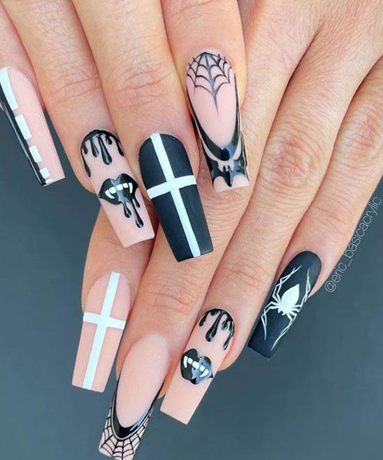 Black French Tip Nails with Design