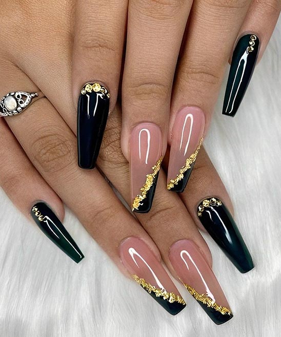 Black and Gold Glitter Coffin Nails