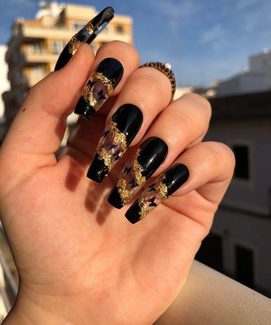 Black and Gold Long Coffin Nails