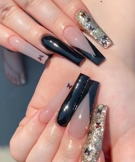 Black and Rose Gold Coffin Nails