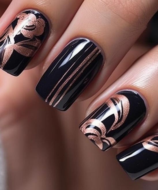 Black and Rose Gold Plaid Tip Nails