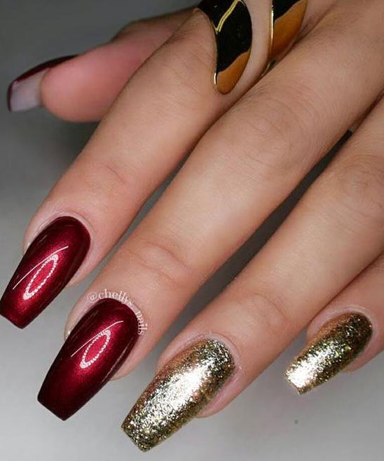Burgundy Gold Glitter Fall Color Nail Designs