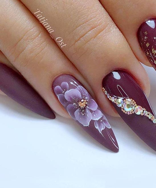 Burgundy Matte Nails With Gold