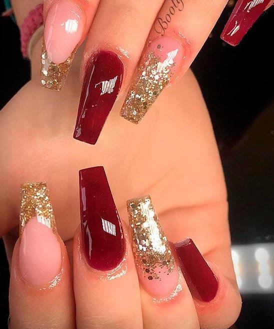 Burgundy Nails With Gold Foil