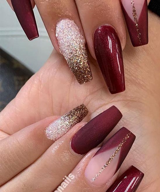 Burgundy Nails With Gold Glitter Fake Nails