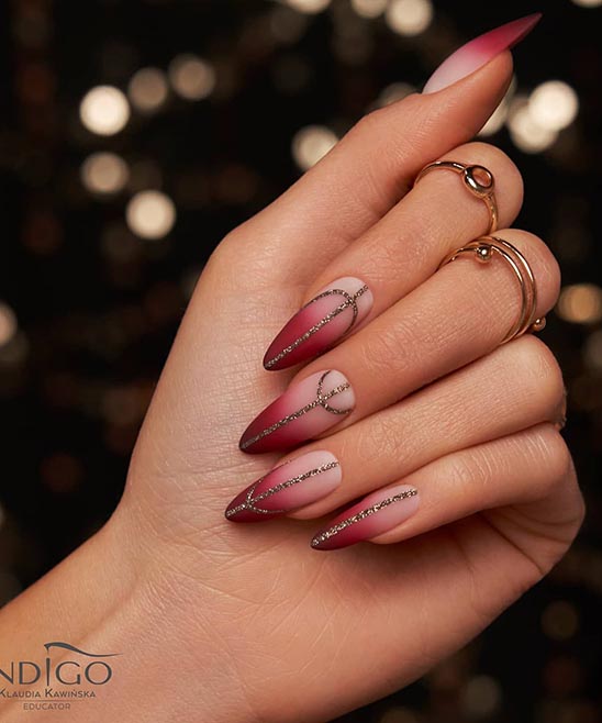 Burgundy Nails With Gold Sparkle