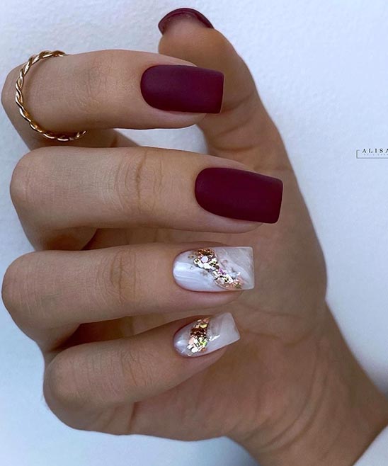 Burgundy Nails With Gold Sparkles