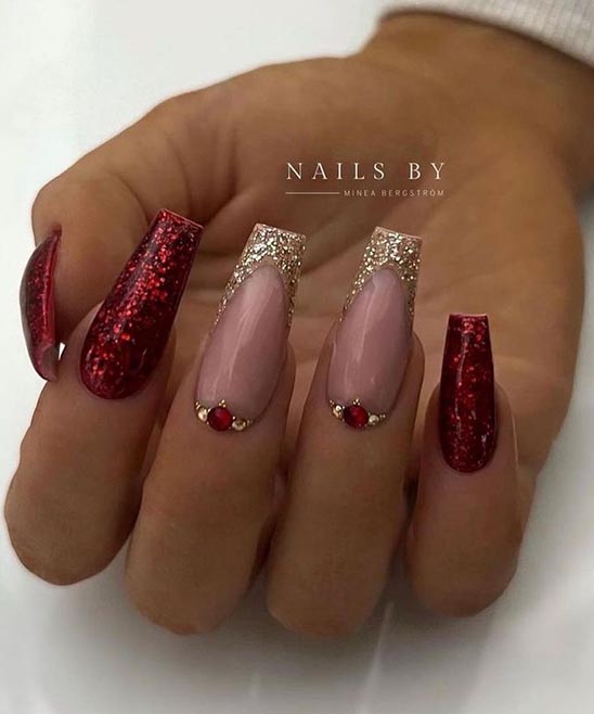 Burgundy Pink and Gold Nails