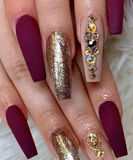 Burgundy and Gold Acrylic Nails