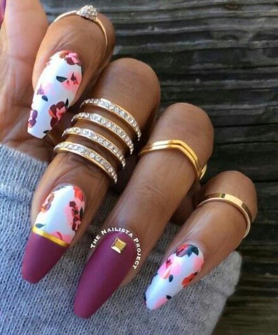 Burgundy and Gold Coffin Nails