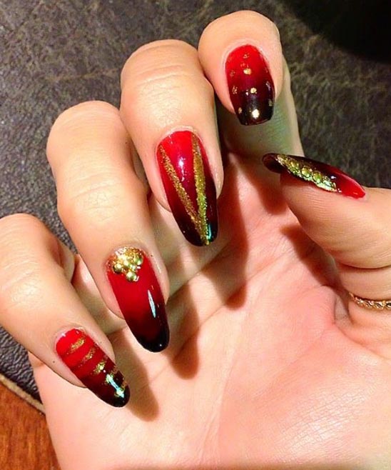 Burgundy and Gold Gel Nails