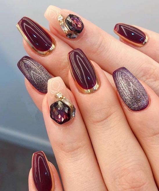 Burgundy and Gold Nail Design
