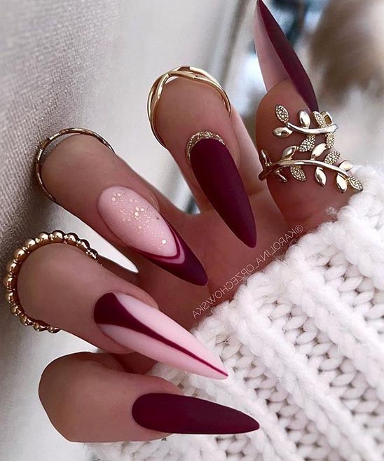 Burgundy and Gold Square Nails