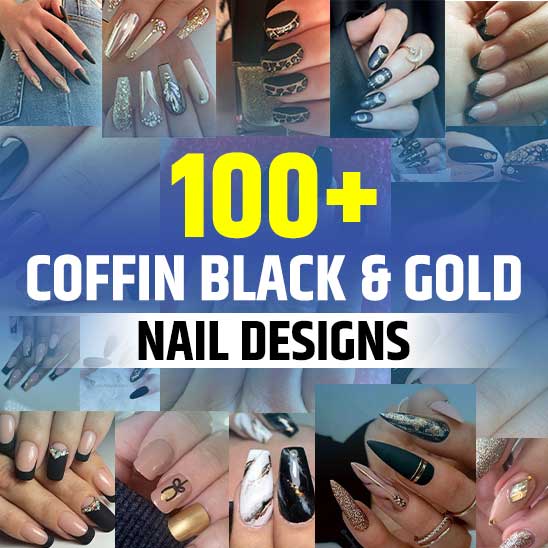 Coffin Black and Gold Nails
