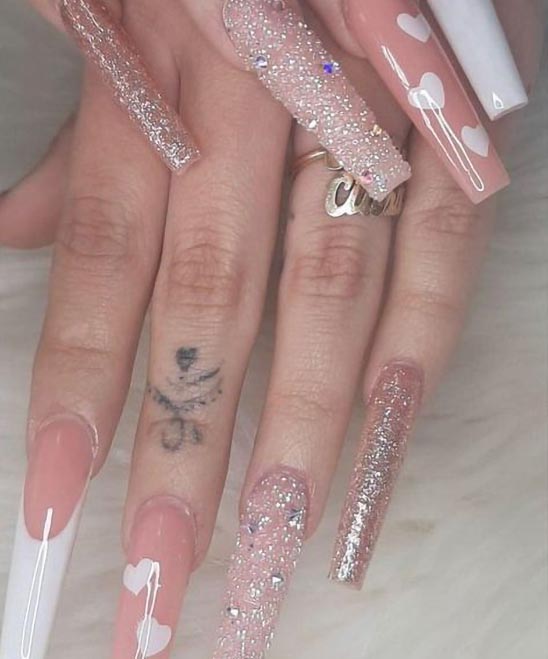 Coffin Pink Nails With Rhinestones