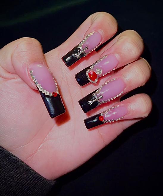Coffin Red French Tip Nails