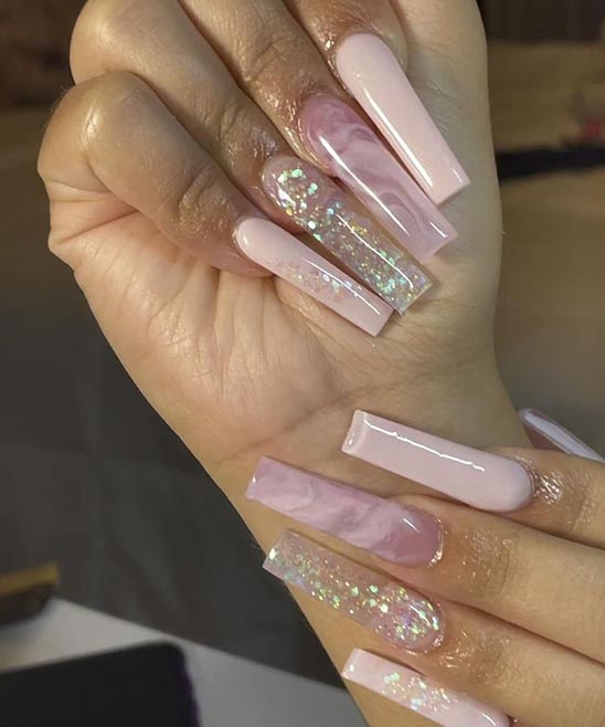 Light Pink Coffin Nails With Glitter