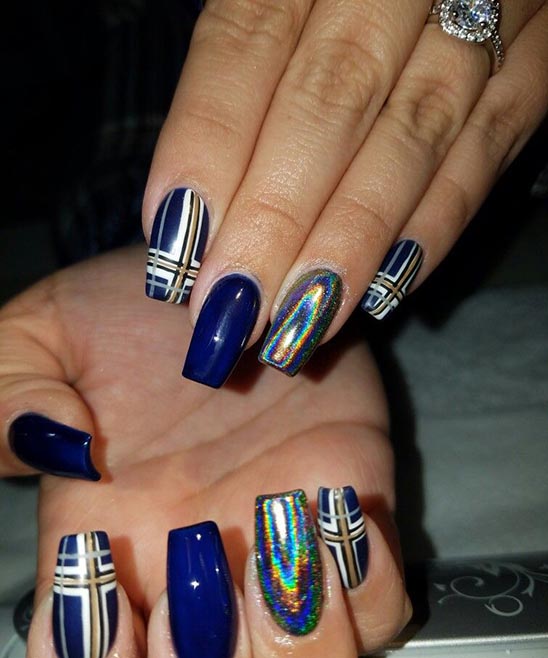 Navy Blue Coffin Nails With Designs
