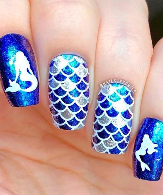 Royal Blue Nails With Silver Design