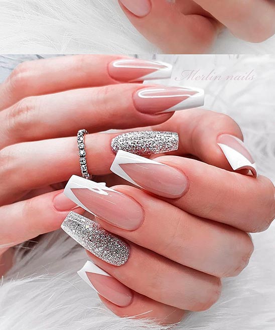 Amazon.com: Coffin Fake Nails French Tip Press on Nails Medium False Nails  Silver White Wave Acrylic Nails with Rhinestone Designs Full Cover Glossy  Stick on Nails White Pink Glue on Nails for