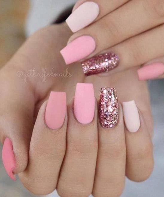 Summer Hot Pink Coffin Nails With Glitter
