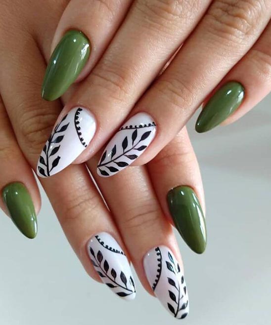 White Nails With Green Design