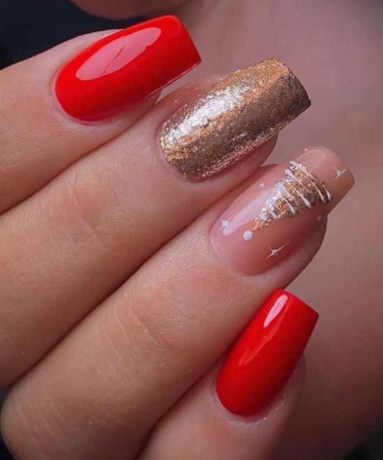 Acrylic Gold and Red Christmas Nails