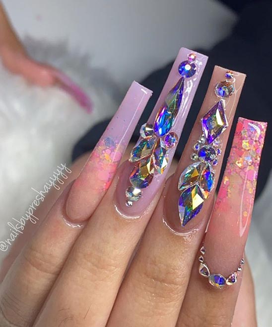 Black Coffin Nails With Rhinestones