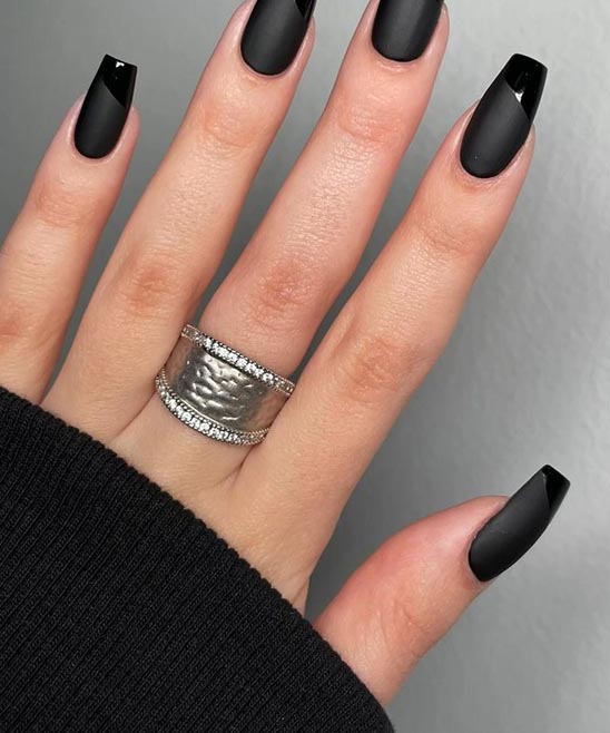 Black French Tip Nails Coffin With Design