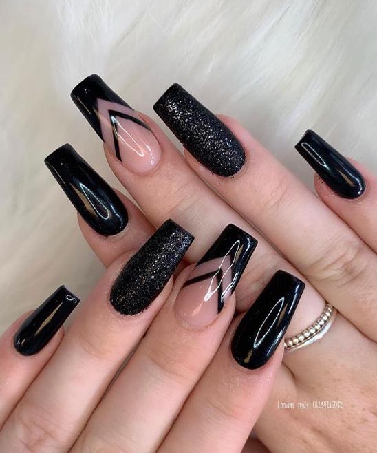 Black Matte Coffin Nails With Design