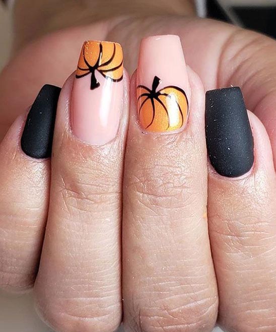 Black Nails With Orange Pumpkin