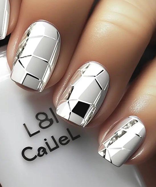 Black Nails With Silver Design