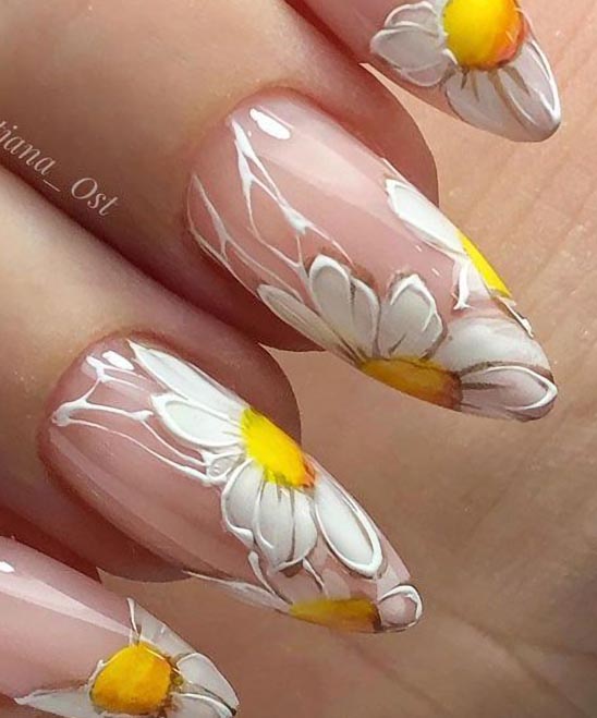 Blue Nails With Flower Designs