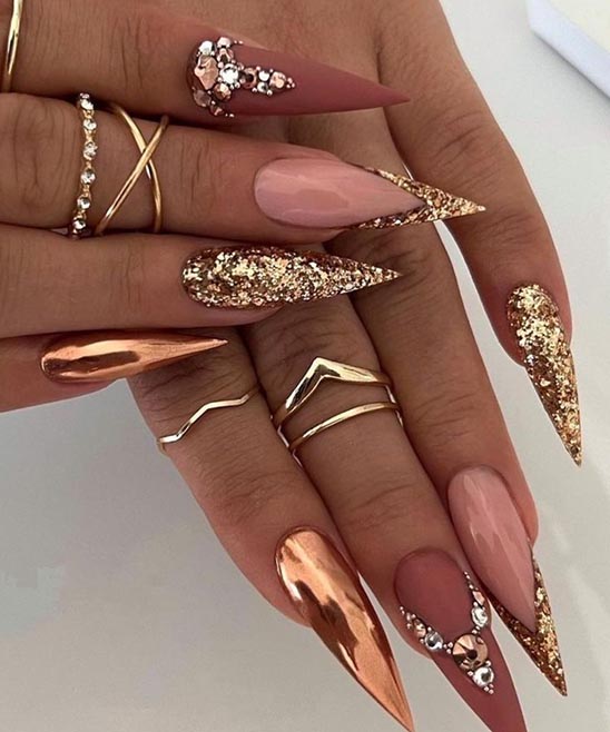 Coffin Black Nails With Rhinestones