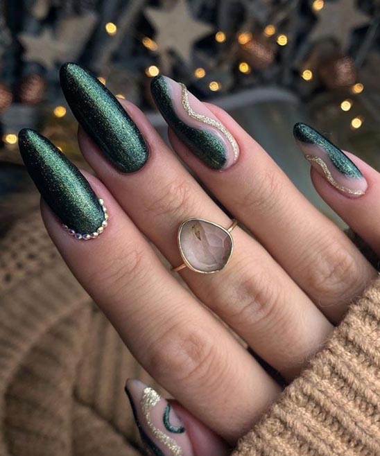 Emerald Green Nails With Gold Flakes