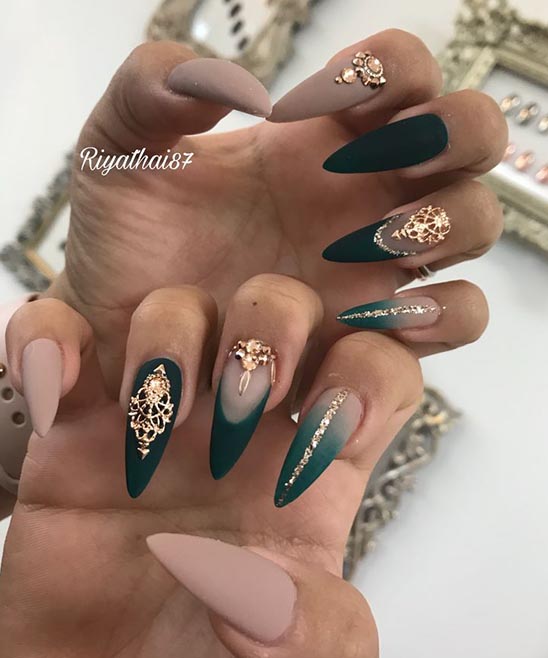 Forest Green Color Stiletto Nails
